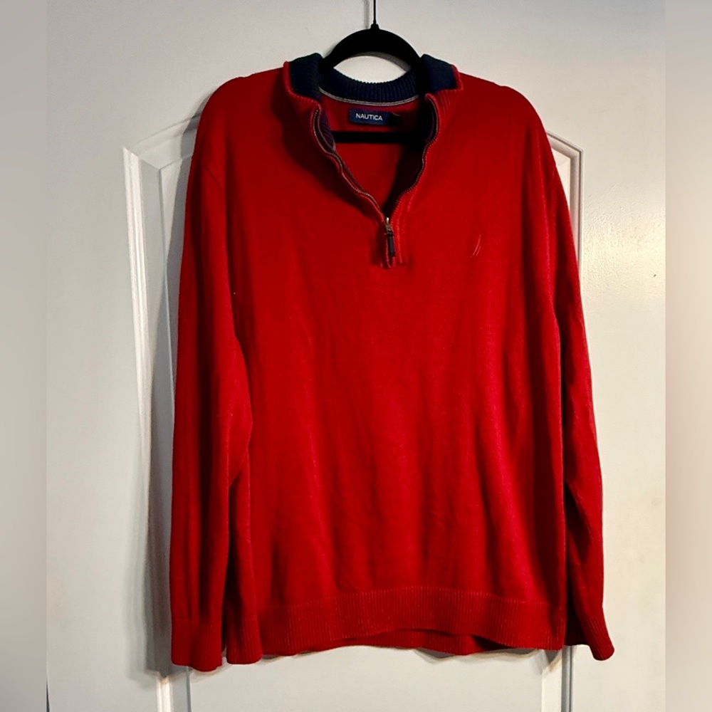 Nautica Quarter Zip‎ Sweater Mens XXL Red Excellent Cotton Viscose Knit Pullover
